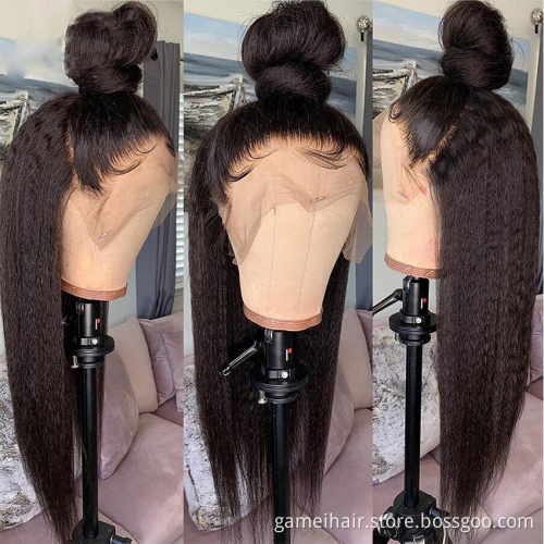 Kinky Straight Wig Glueless Brazilian Yaki Straight Lace Front Human Hair Wig For Black Women Pre Plucked Bleached Knot Remy Wig